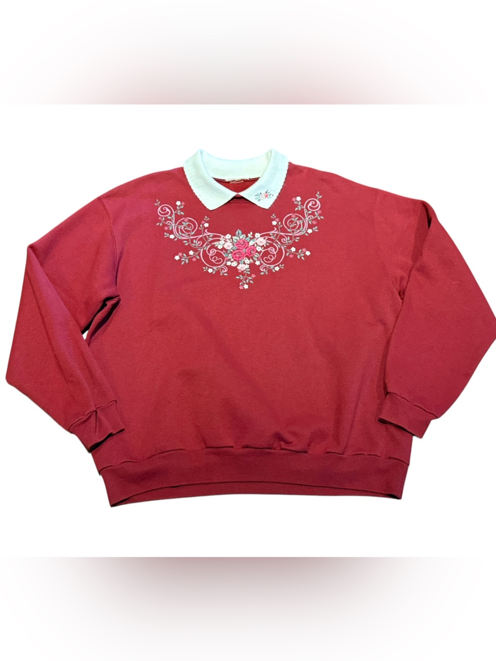 Vintage Burgundy Red Floral Embroidered Sweatshirt with White Collar Womens XL